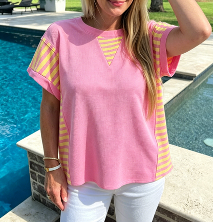 Bright Pink Waffle Textured Contrast Striped Patchwork Loose T Shirt