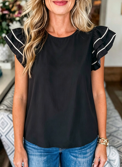 Black Contrast Trim Dual Ruffle Short Sleeve Textured Blouse