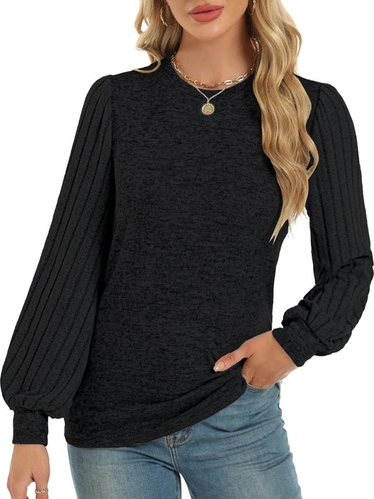 Black Contrast Ribbed Bishop Sleeve Top