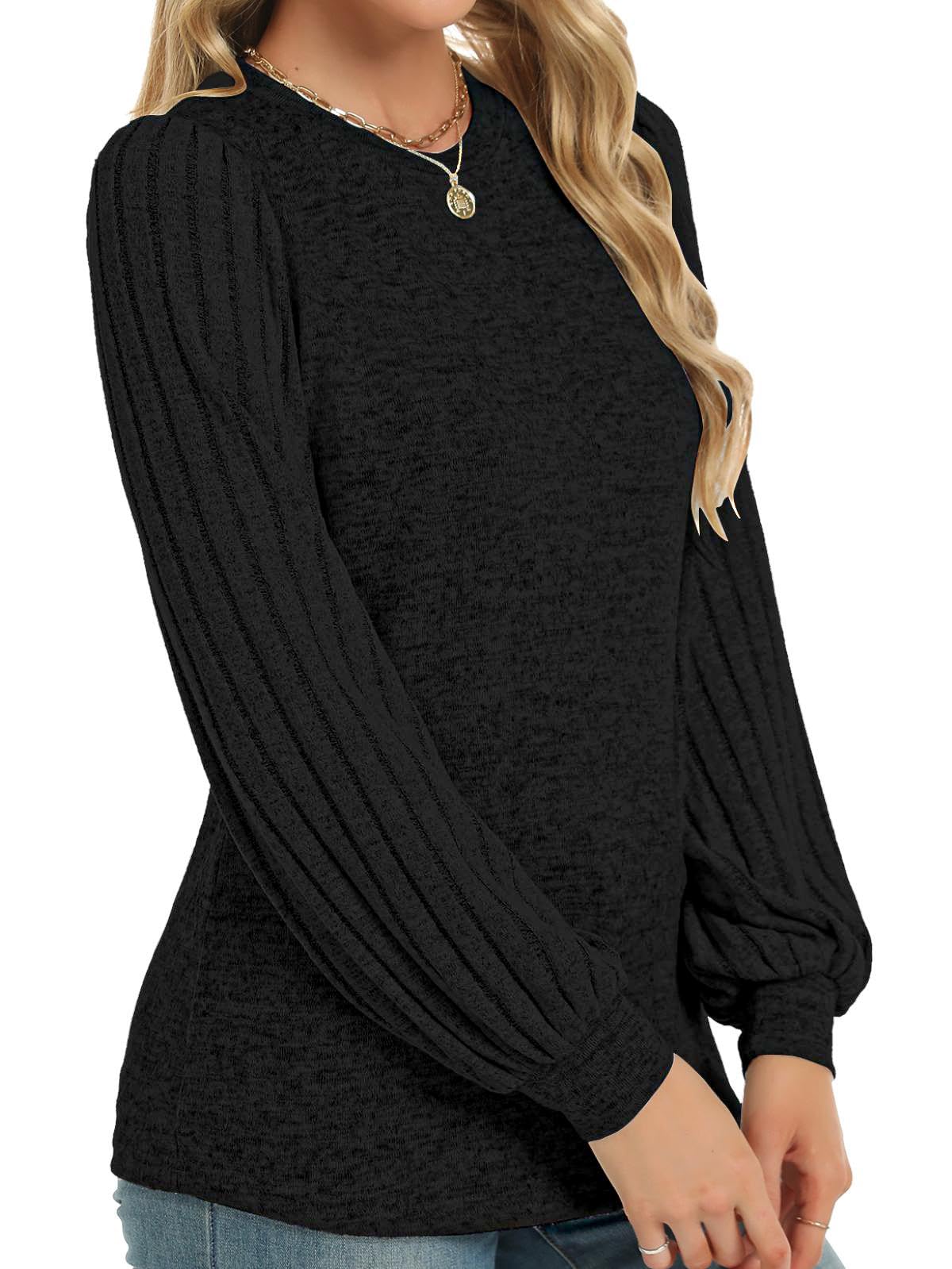 Black Contrast Ribbed Bishop Sleeve Top