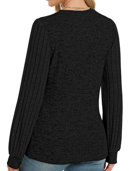 Black Contrast Ribbed Bishop Sleeve Top