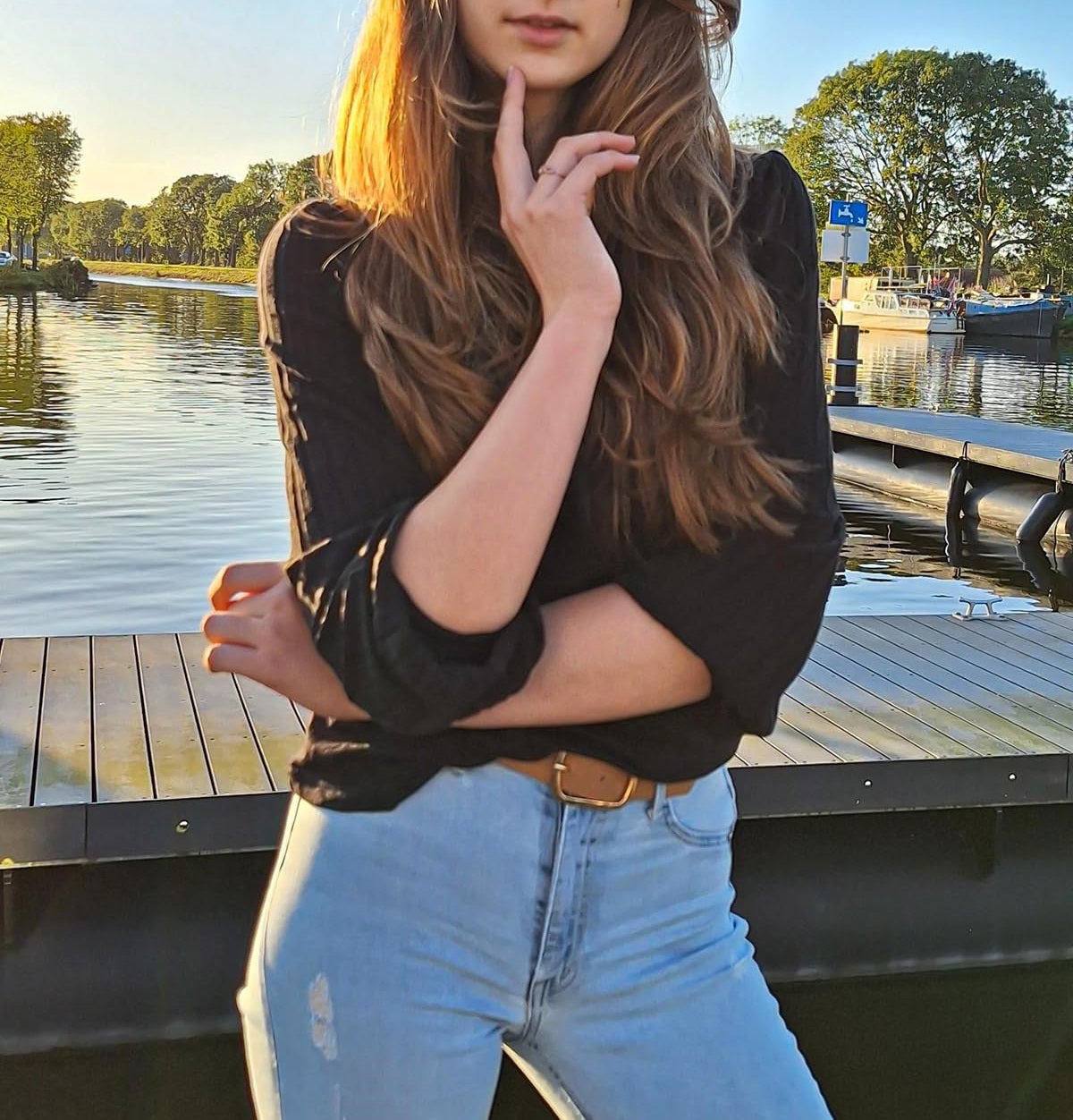 Black Contrast Ribbed Bishop Sleeve Top