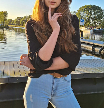 Black Contrast Ribbed Bishop Sleeve Top