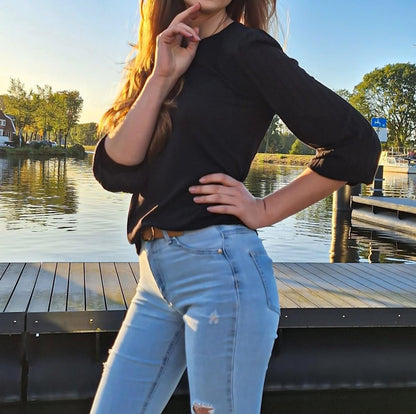 Black Contrast Ribbed Bishop Sleeve Top