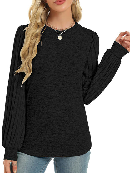 Black Contrast Ribbed Bishop Sleeve Top