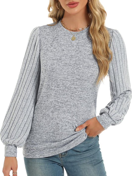 Gray Contrast Ribbed Bishop Sleeve Top