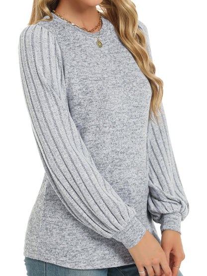 Gray Contrast Ribbed Bishop Sleeve Top