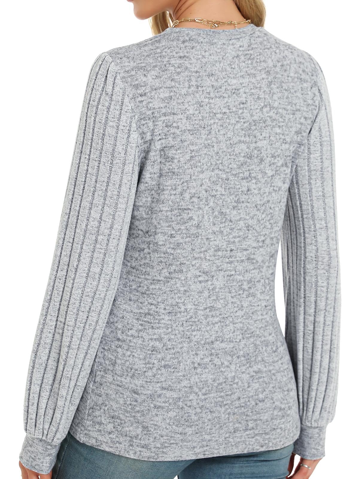 Gray Contrast Ribbed Bishop Sleeve Top