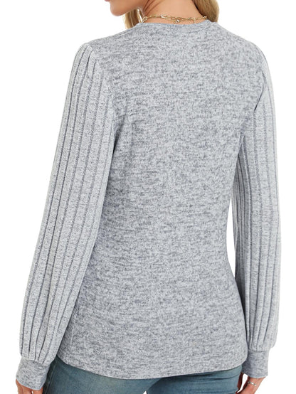 Gray Contrast Ribbed Bishop Sleeve Top