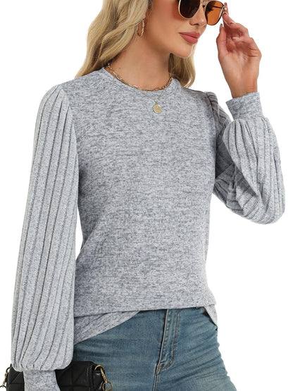 Gray Contrast Ribbed Bishop Sleeve Top