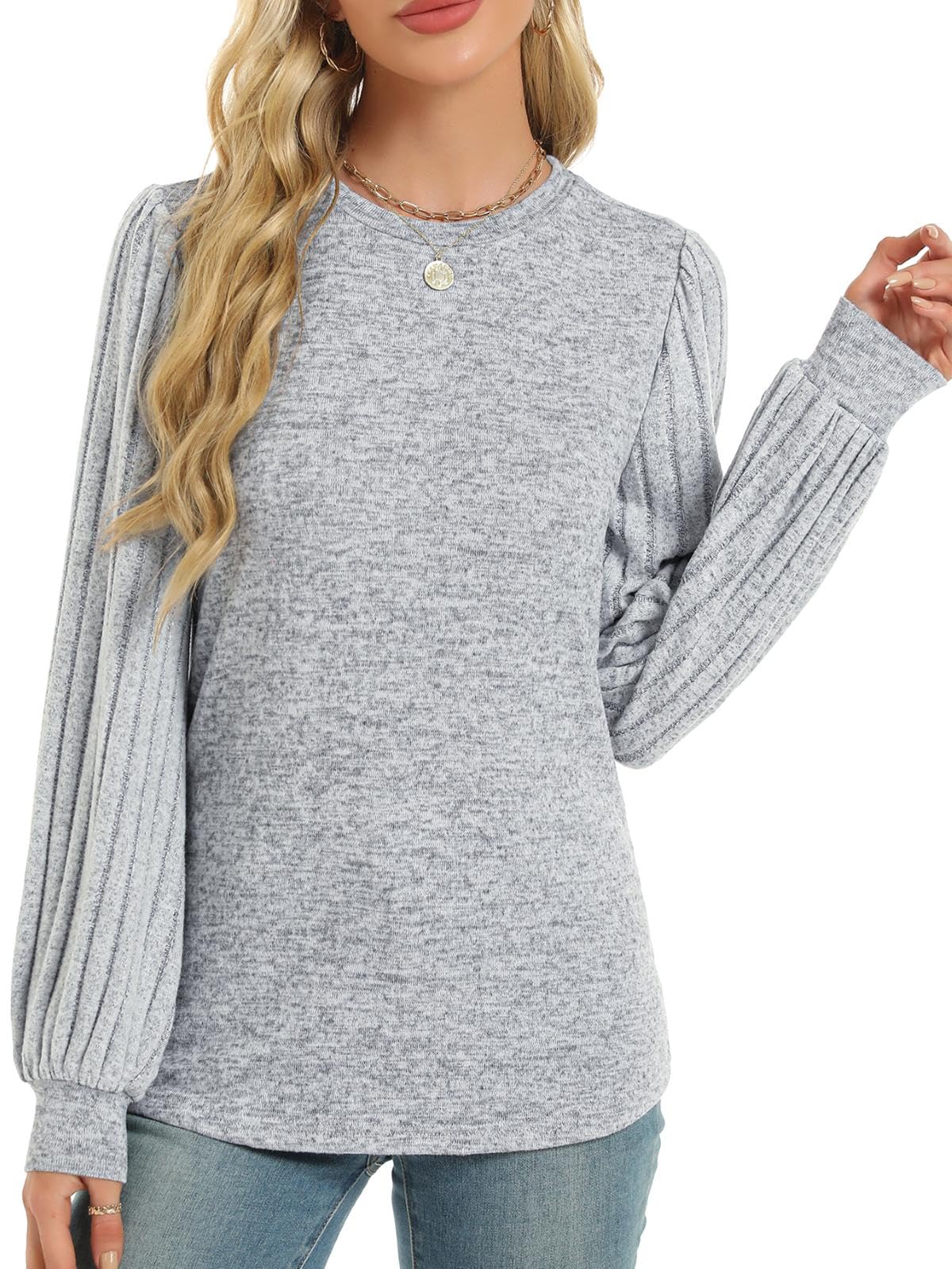 Gray Contrast Ribbed Bishop Sleeve Top