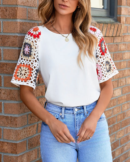 White Floral Crochet Short Sleeve Top