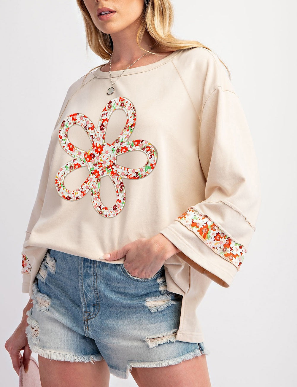 Beige Flower Patch Graphic Exposed Seam Wide Sleeve Top
