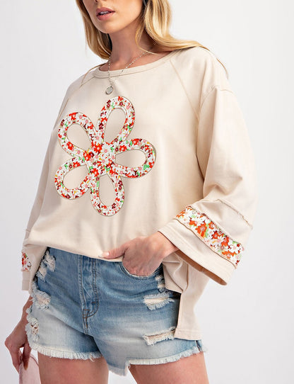 Beige Flower Patch Graphic Exposed Seam Wide Sleeve Top