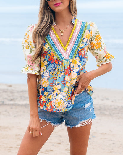 Multicolour Crochet V Neck Half Sleeve Boho Floral Blouse