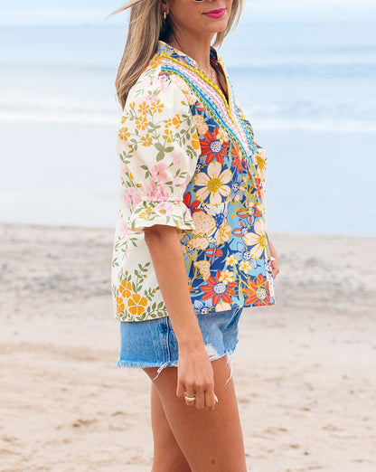 Multicolour Crochet V Neck Half Sleeve Boho Floral Blouse