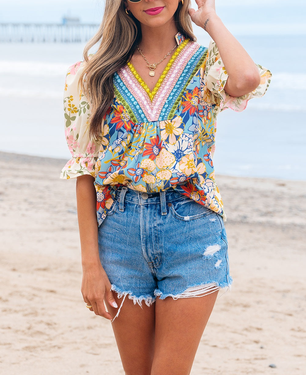 Multicolour Crochet V Neck Half Sleeve Boho Floral Blouse