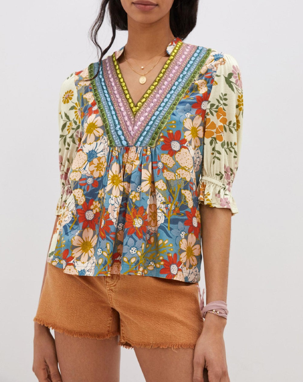 Multicolour Crochet V Neck Half Sleeve Boho Floral Blouse