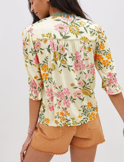 Multicolour Crochet V Neck Half Sleeve Boho Floral Blouse