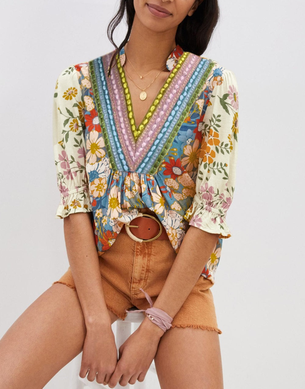 Multicolour Crochet V Neck Half Sleeve Boho Floral Blouse
