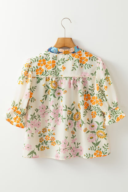 Multicolour Crochet V Neck Half Sleeve Boho Floral Blouse
