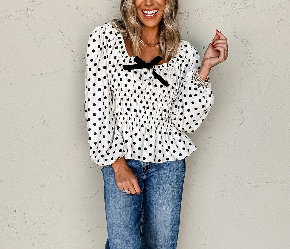 Black Polka Dot Puff Sleeve Bow Square Neck Peplum Top