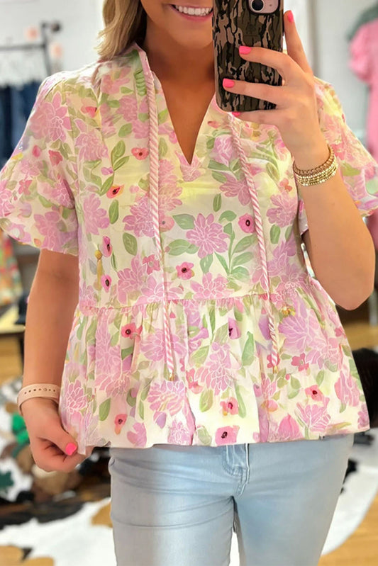 Pink Floral Print Drawstring V Neck Peplum Blouse