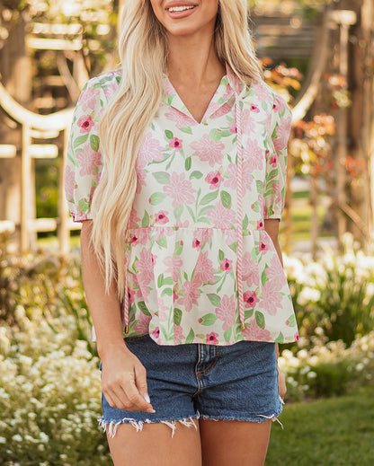 Pink Floral Print Drawstring V Neck Peplum Blouse