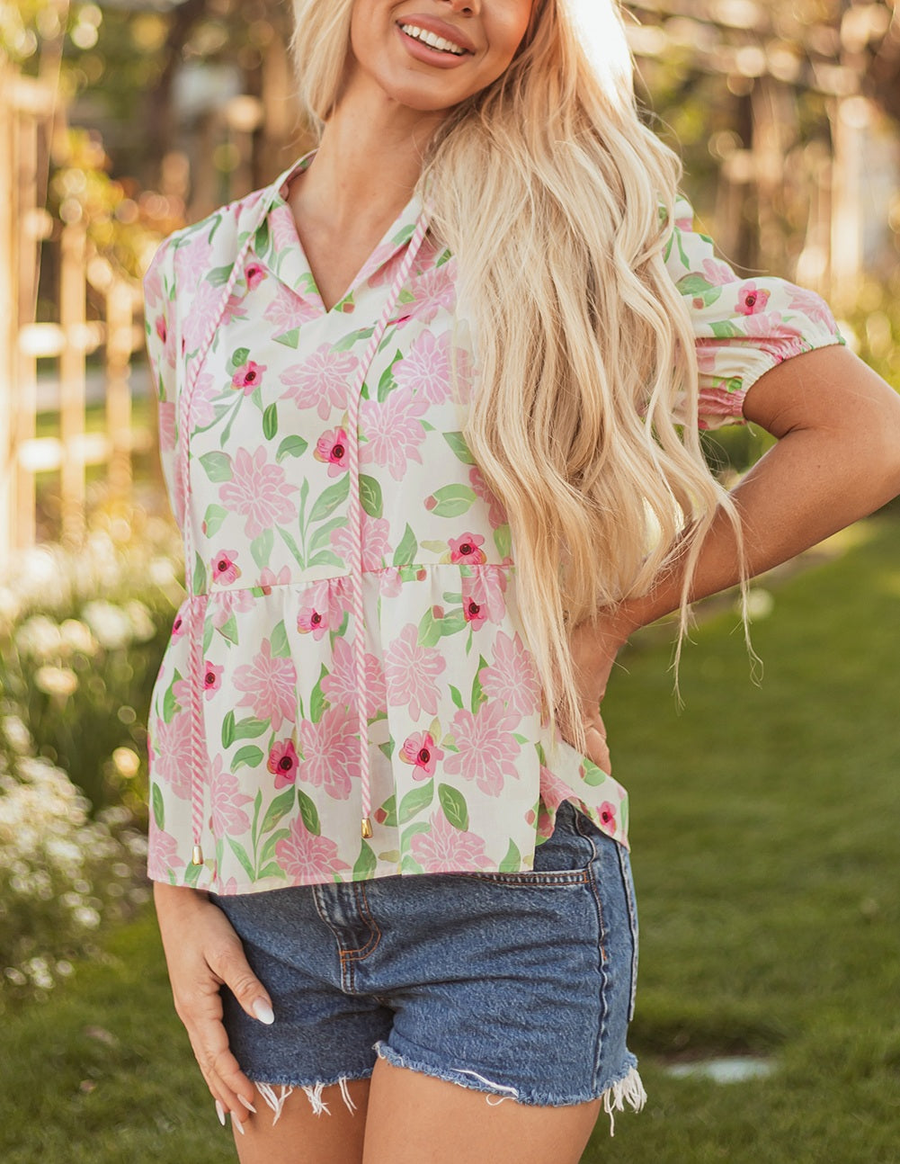 Pink Floral Print Drawstring V Neck Peplum Blouse