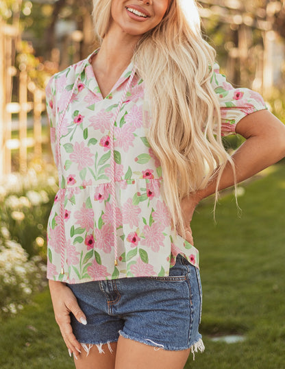 Pink Floral Print Drawstring V Neck Peplum Blouse
