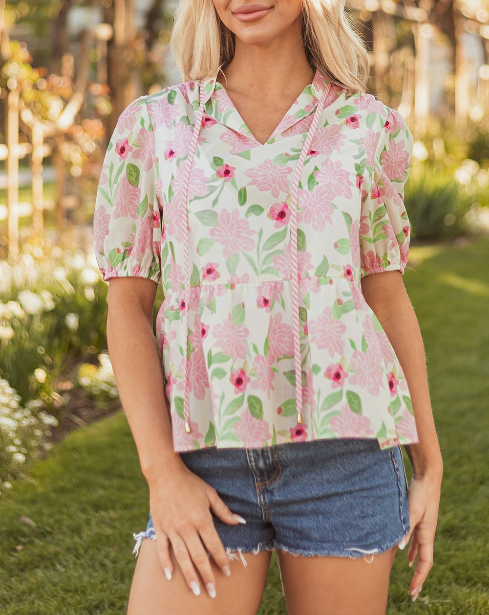 Pink Floral Print Drawstring V Neck Peplum Blouse