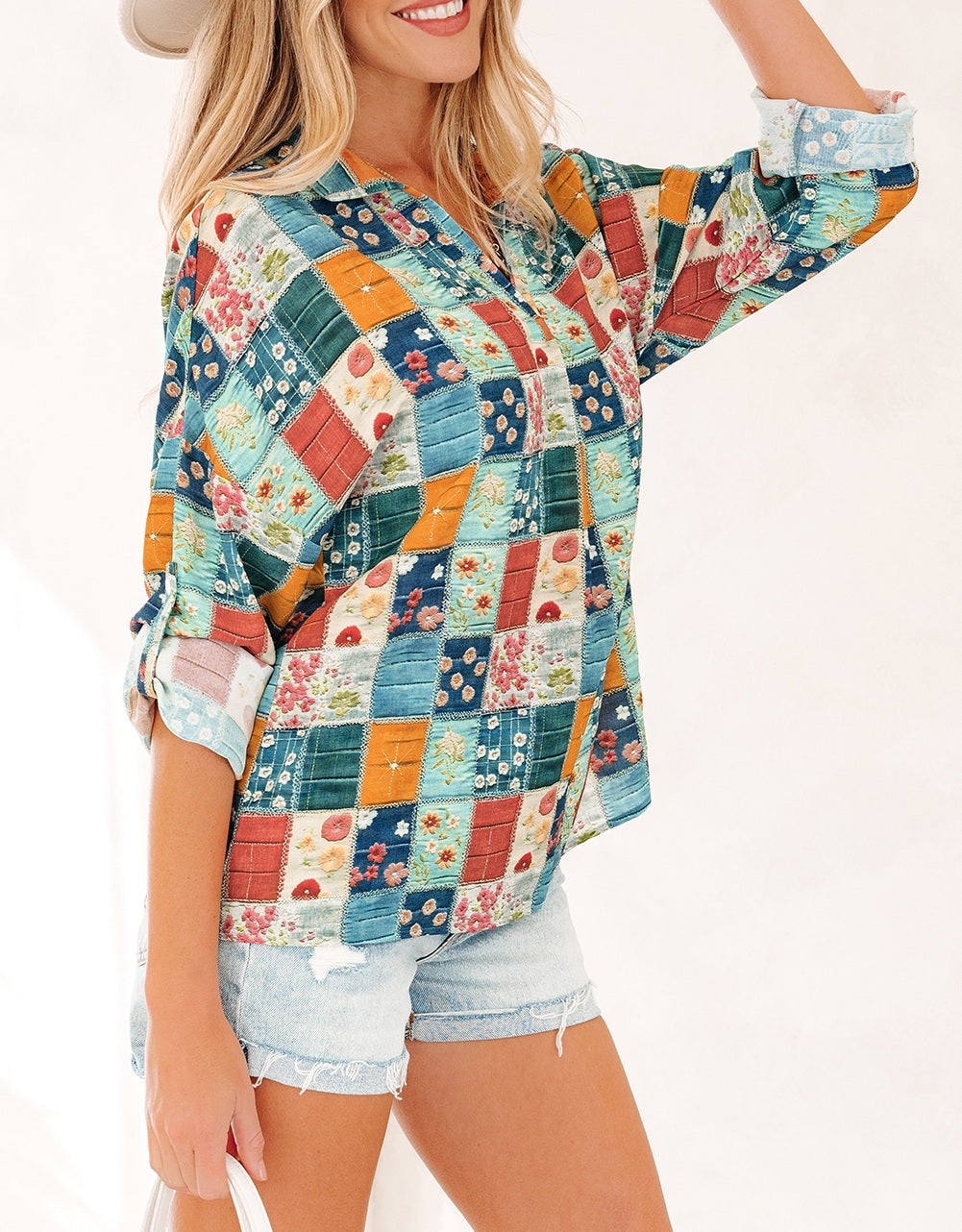 Sky Blue Floral Collared V Neck Roll up Sleeve Shift Blouse