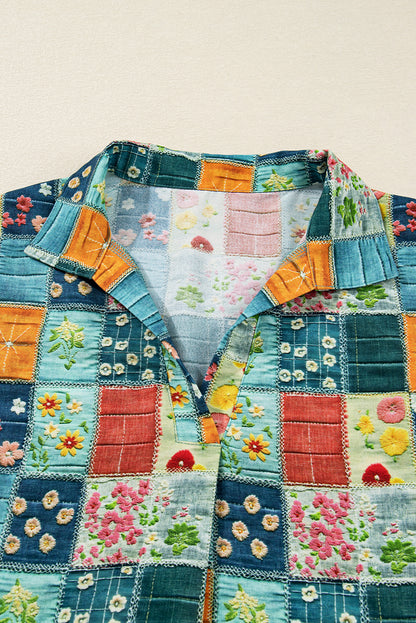 Sky Blue Floral Collared V Neck Roll up Sleeve Shift Blouse