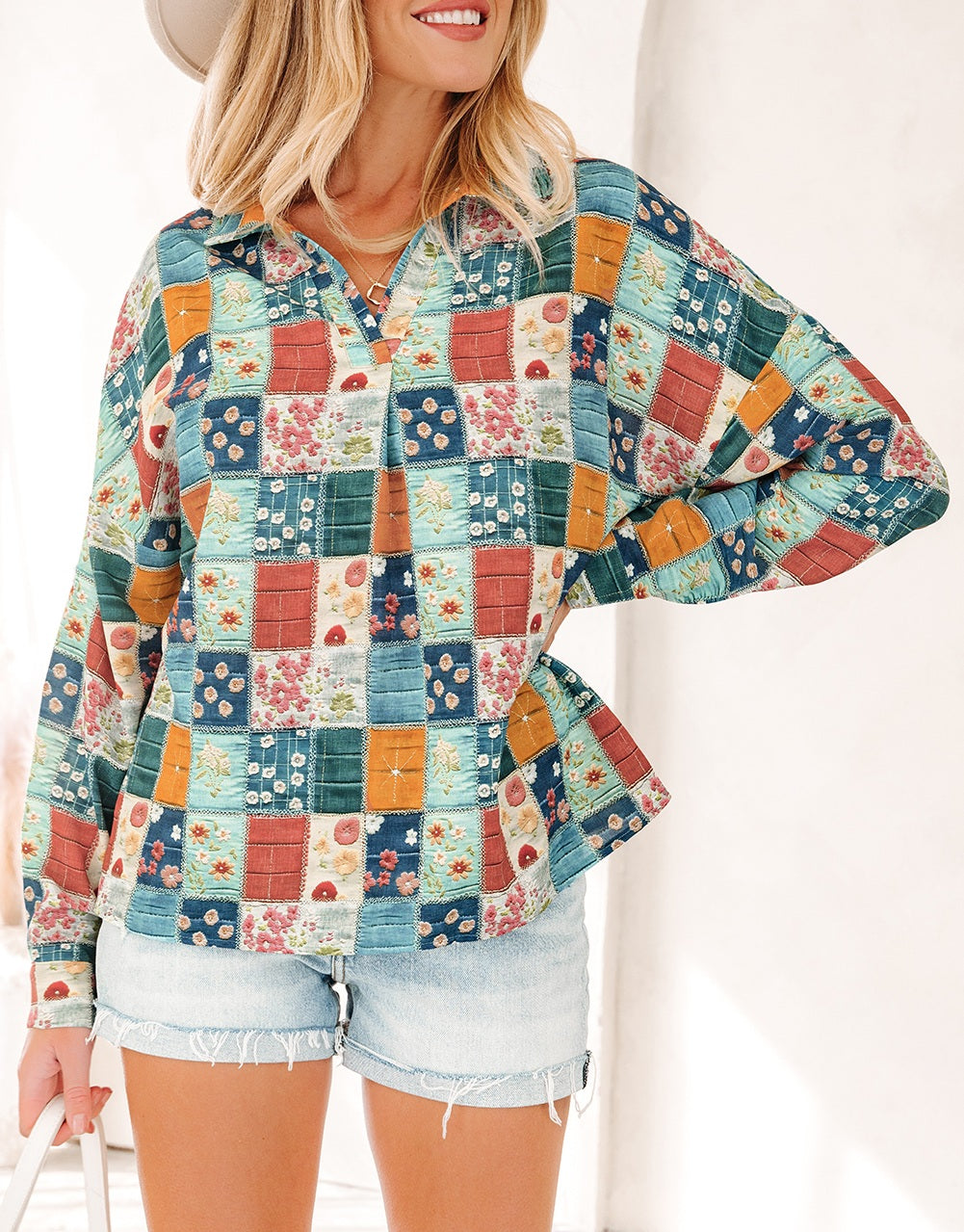 Sky Blue Floral Collared V Neck Roll up Sleeve Shift Blouse