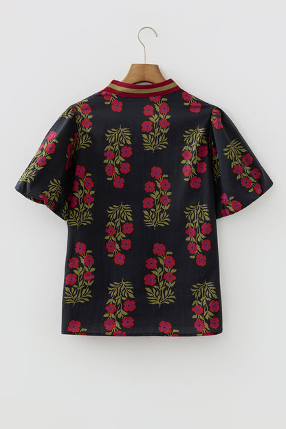 Black Floral Short Bubble Sleeve Contrast Slit Neckline Blouse