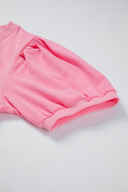 Bonbon Solid Color V Neck Short Puff Sleeve Blouse
