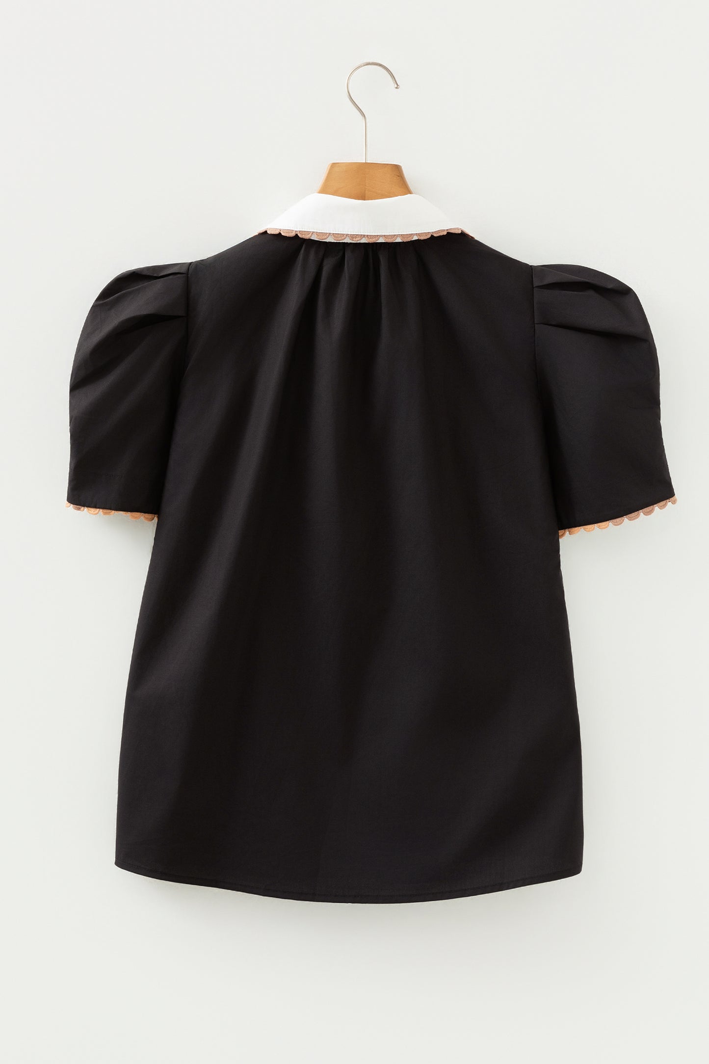 Black Ricrac Trim Color Block Patchwork Shirt Collar Short Sleeve Blouse