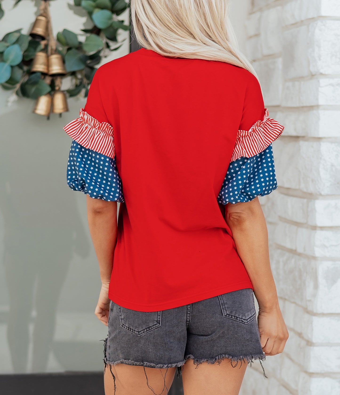Fiery Red Stars Stripes Short Puff Sleeve Top