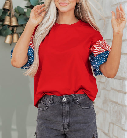 Fiery Red Stars Stripes Short Puff Sleeve Top