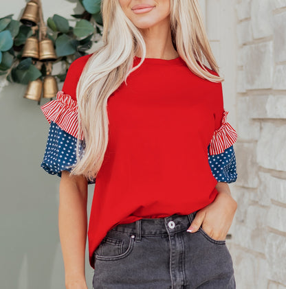 Fiery Red Stars Stripes Short Puff Sleeve Top