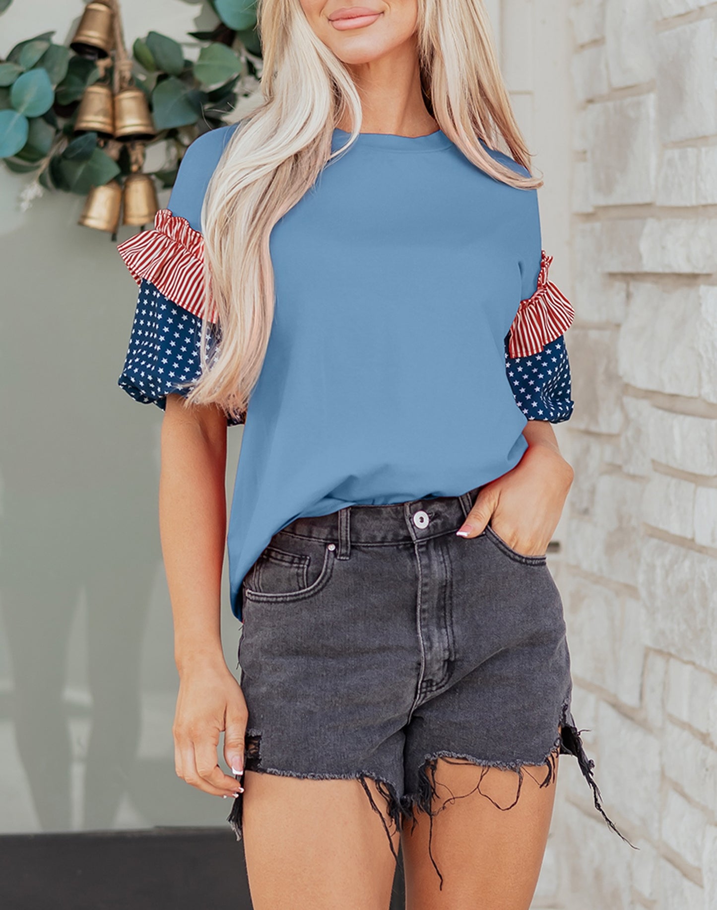Beau Blue Stars Stripes Short Puff Sleeve Top