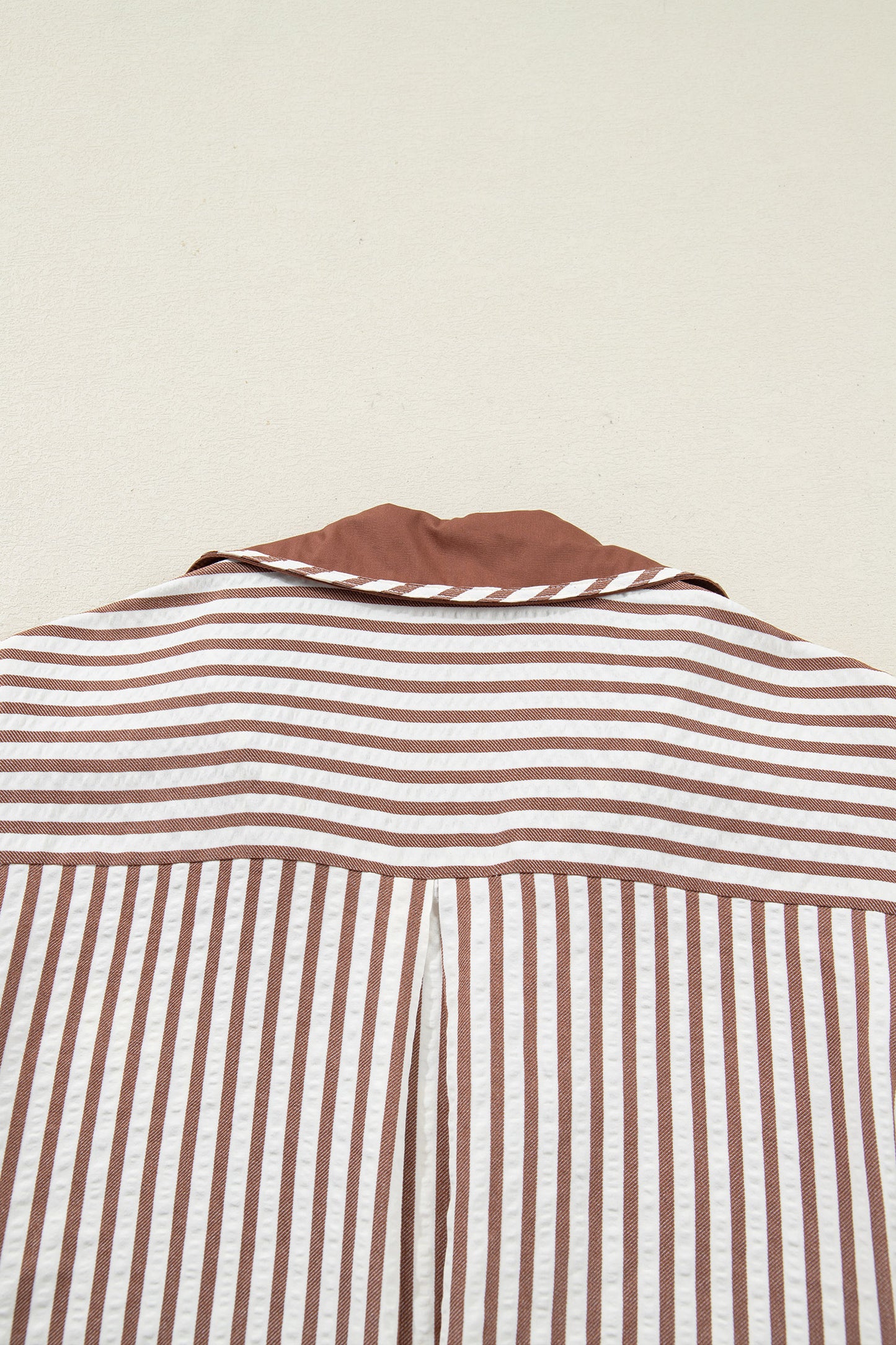 Khaki Stripe Collared Split Neck Short Bubble Sleeve Blouse
