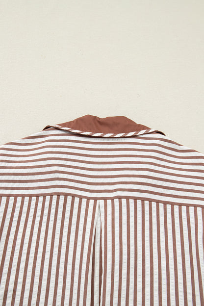 Khaki Stripe Collared Split Neck Short Bubble Sleeve Blouse