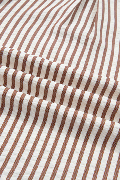 Khaki Stripe Collared Split Neck Short Bubble Sleeve Blouse
