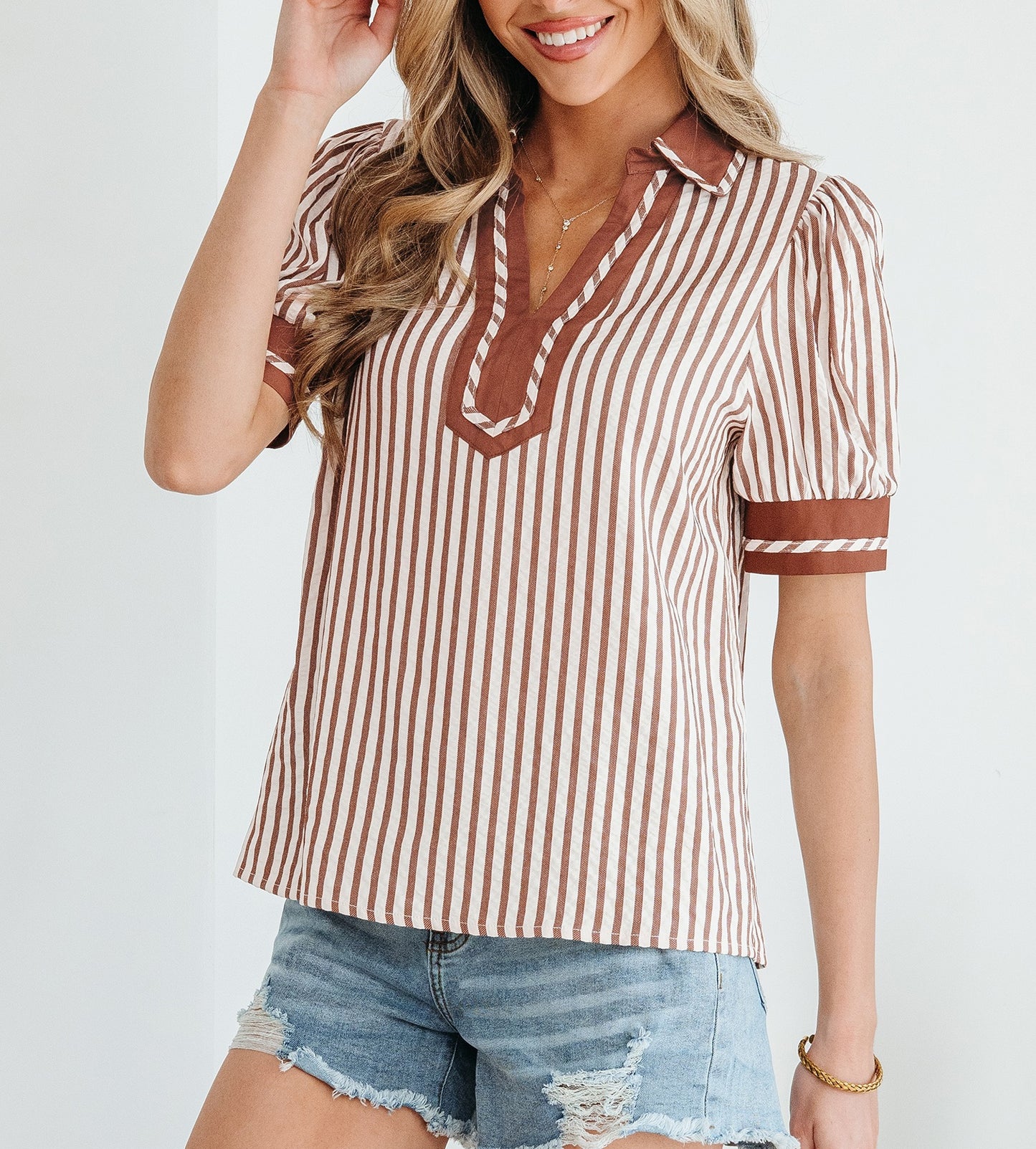 Khaki Stripe Collared Split Neck Short Bubble Sleeve Blouse