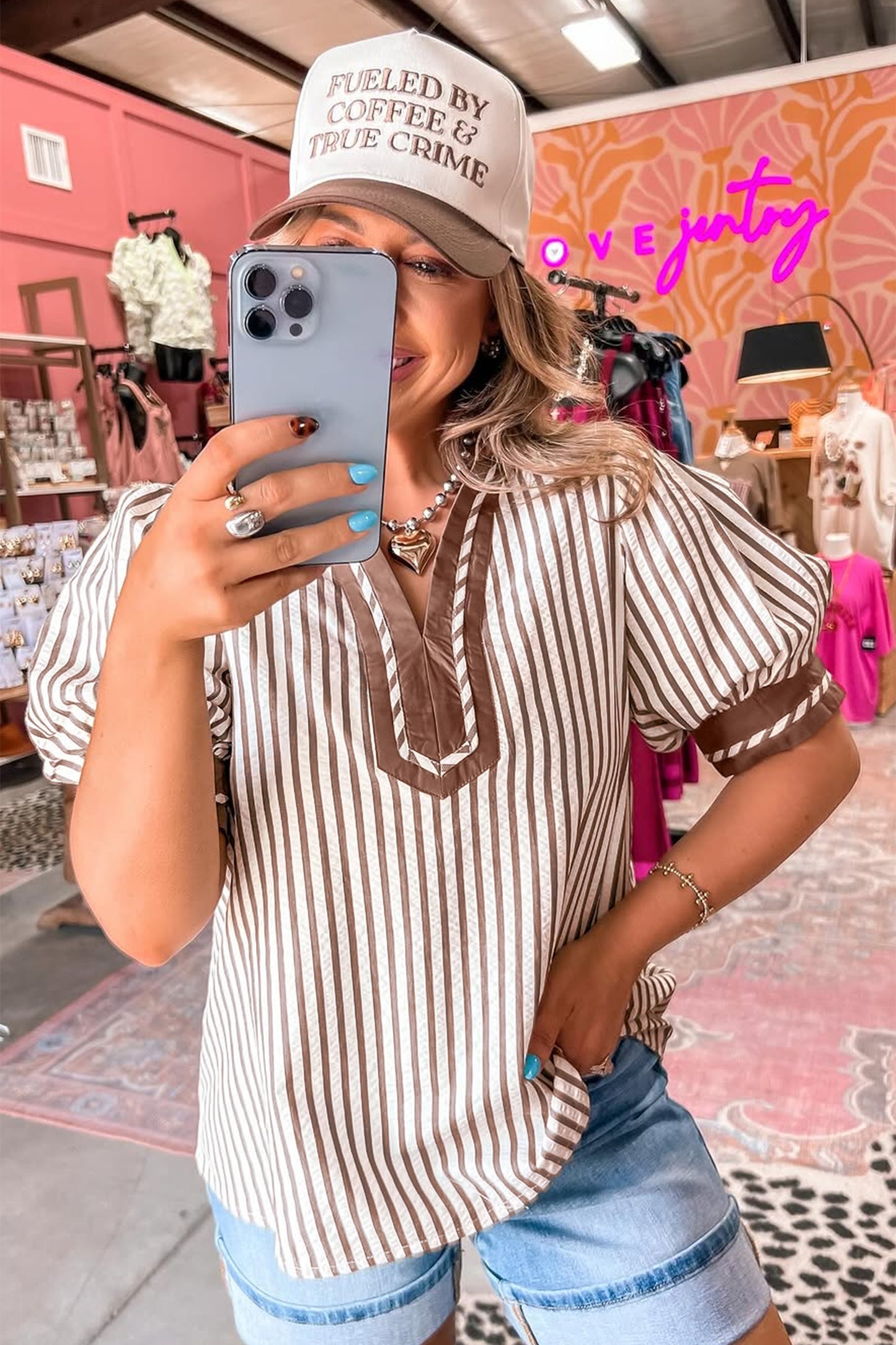 Khaki Stripe Collared Split Neck Short Bubble Sleeve Blouse