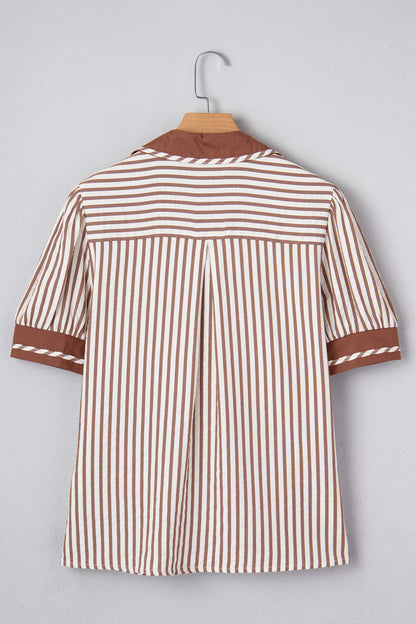 Khaki Stripe Collared Split Neck Short Bubble Sleeve Blouse