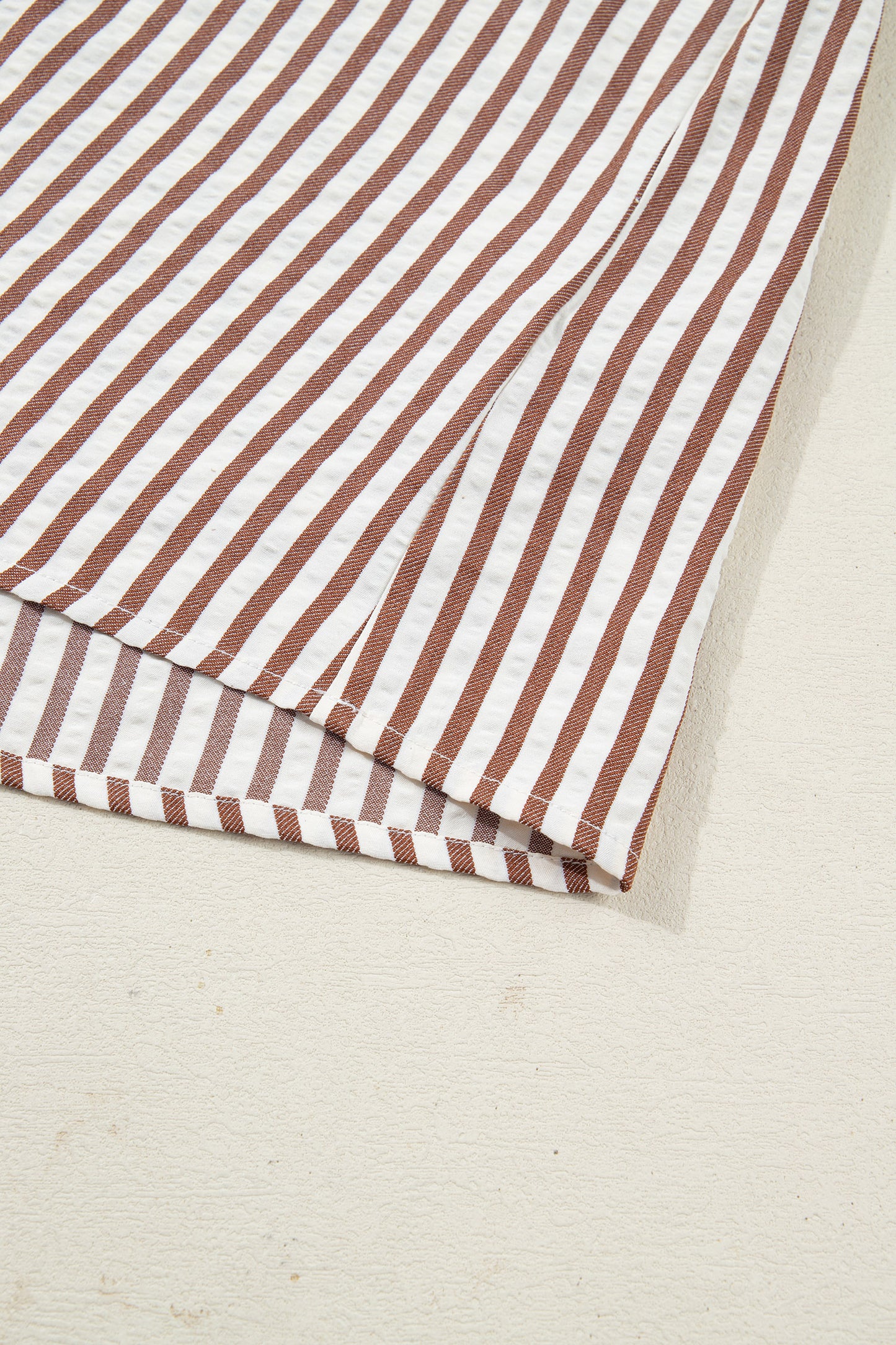 Khaki Stripe Collared Split Neck Short Bubble Sleeve Blouse