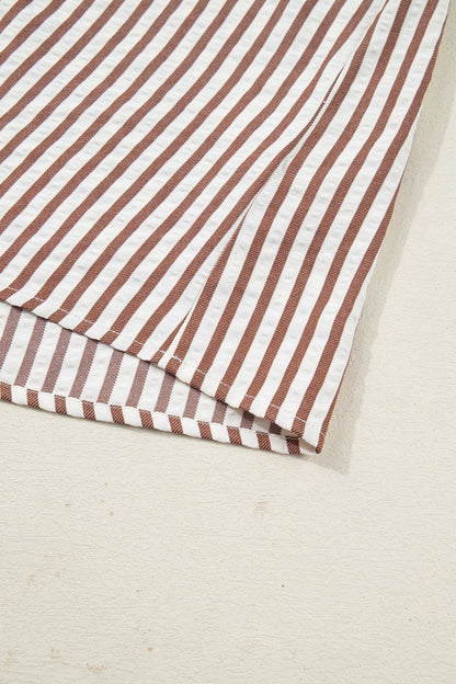 Khaki Stripe Collared Split Neck Short Bubble Sleeve Blouse