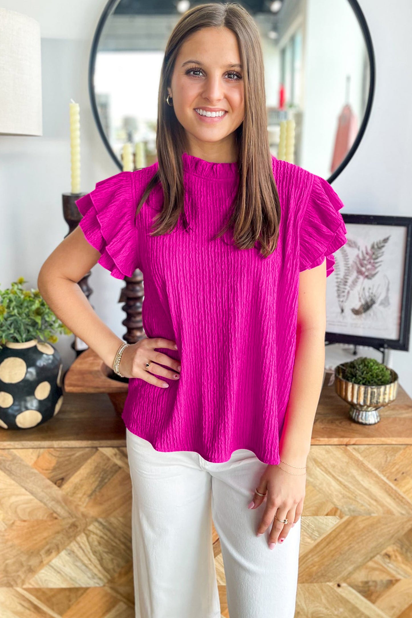 Rose Red Solid Color Textured Ruffle Trim Short Sleeve Blouse